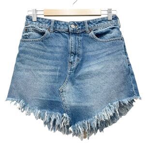 Free People Bailey Denim Miniskirt Medium Wash Frayed Fringe Hem Women’s Size 28